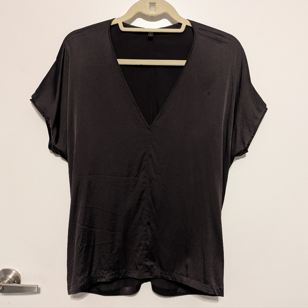 Eileen Fisher Brown V-Neck Short Sleeve Silk Blend Blouse Top Shirt Women Size S